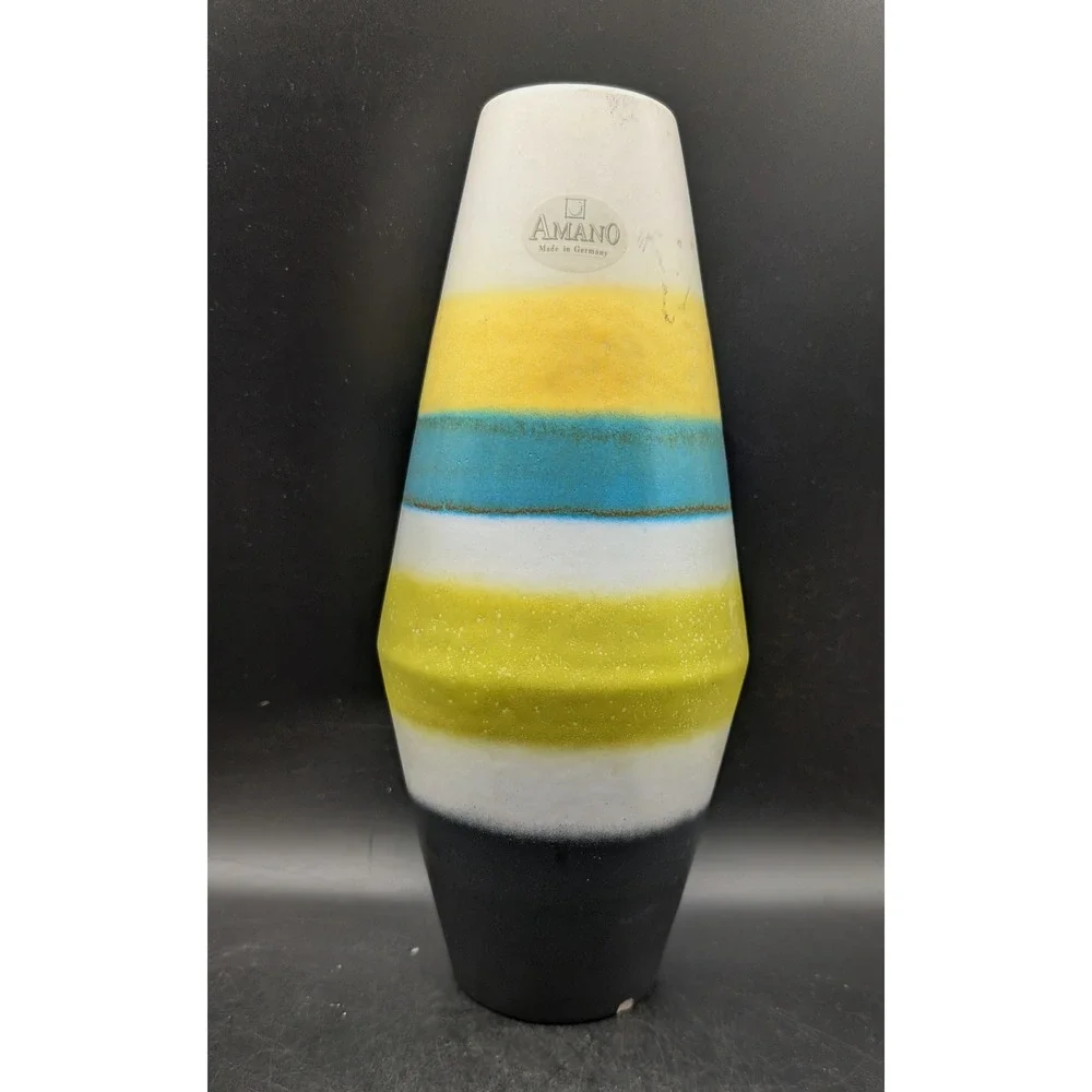 Amano West Germany Pottery Vase Mid Century Modern Striped Ceramic Yellow Blue